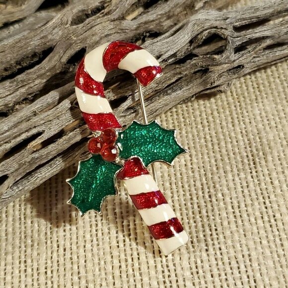 Red White Candy Cane with Holly Silver Enamel Christmas Sweater Pin Brooch - Picture 1 of 6